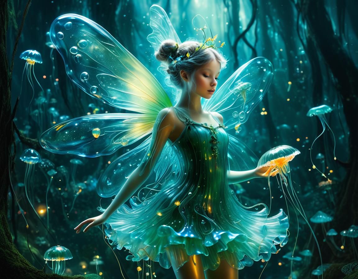 Surreal Digital Fae Made of Transparent Gelatin Shines in En...
