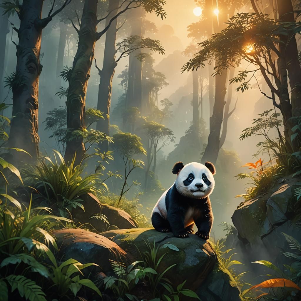 Cute Baby Panda Sees Sunrise: Watercolor Painting