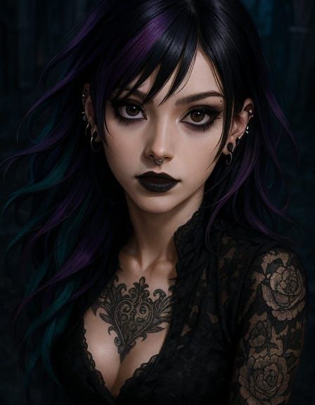 Anime Portrait of Gothic Woman with Colorful Hair
