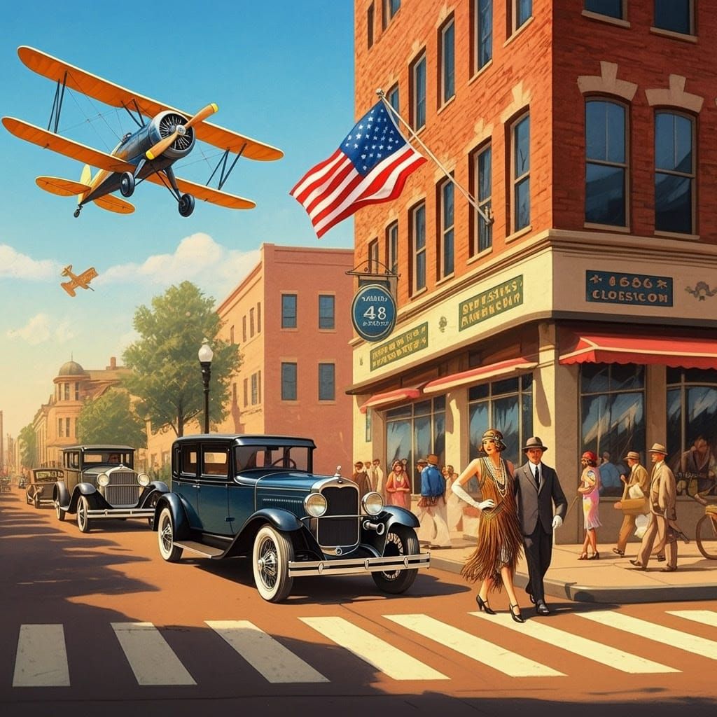 Vintage 1920s Street Scene in Warm Sunlight