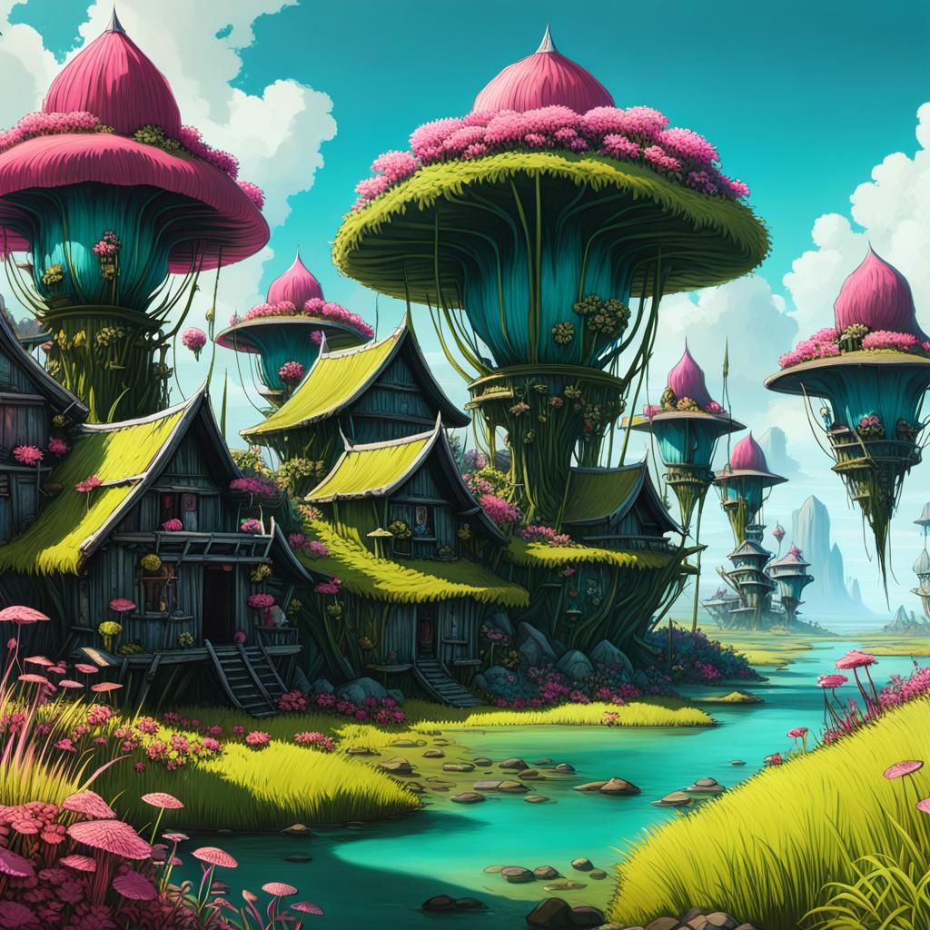 Floating Village Overgrown with Carnivorous Plants