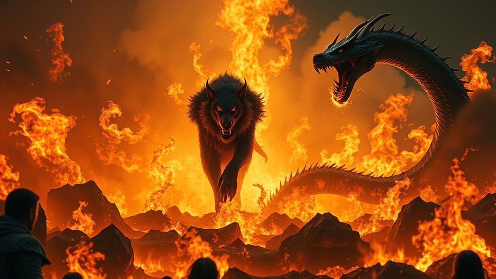 Gothic Apocalyptic Scene with Fenrir, Loki, and Jörmungandr