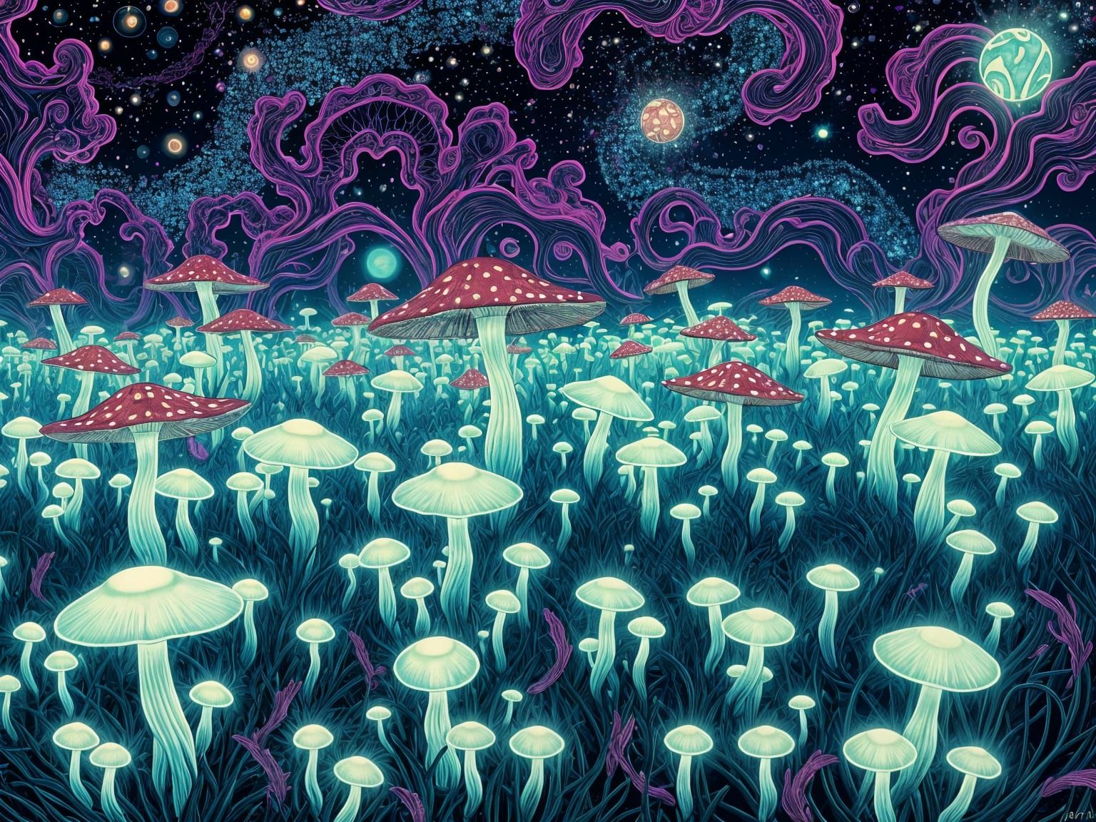 Bioluminescent Mushroom Field in Art Nouveau Style