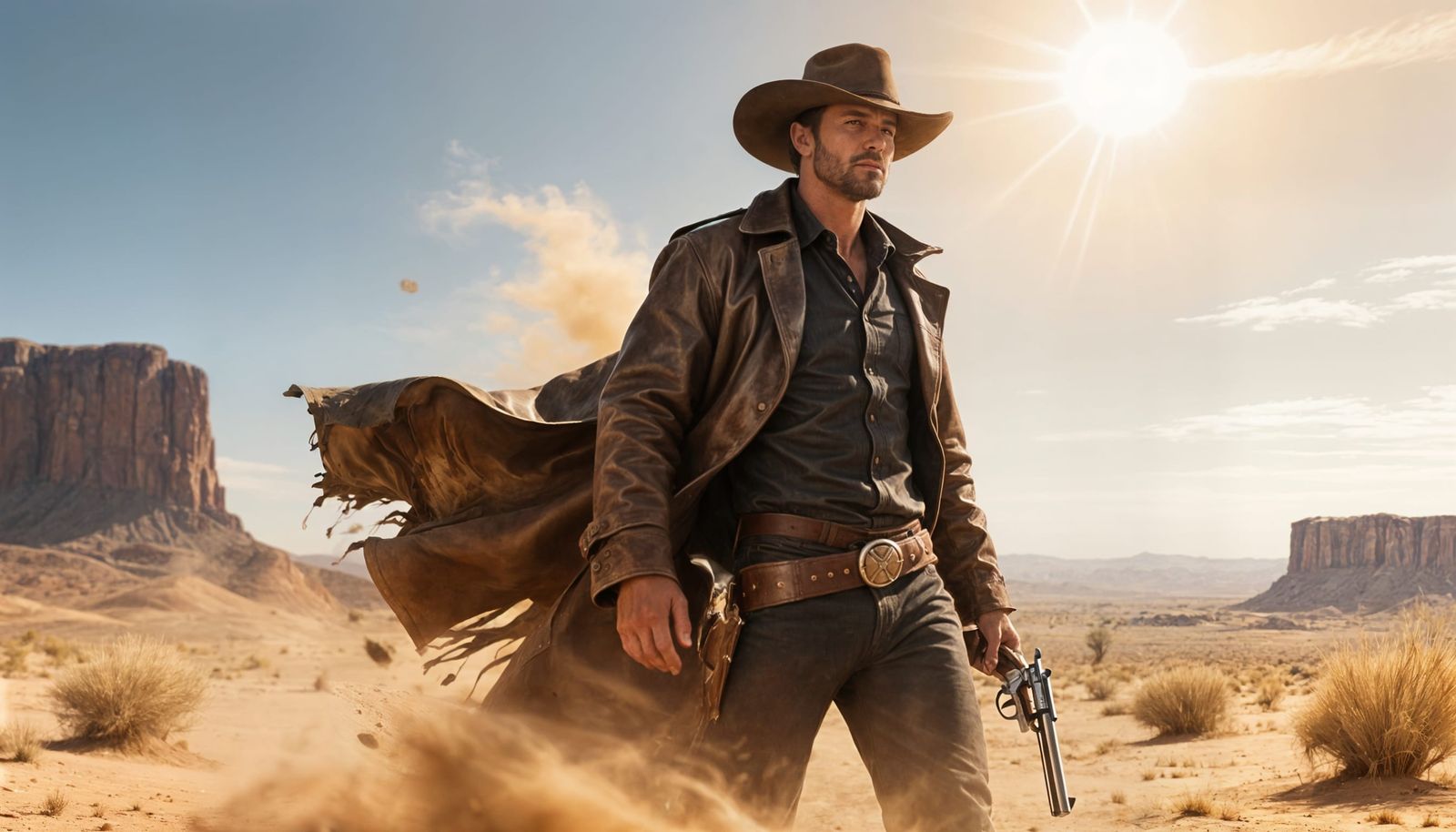 Desert Outlaw in Leather Duster Under Blazing Sun