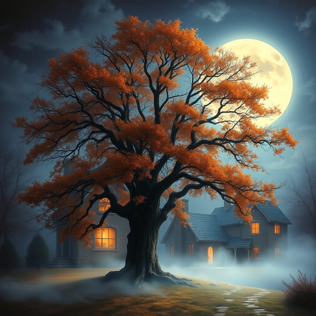 Ancient Autumn Tree Under Luminous Full Moon