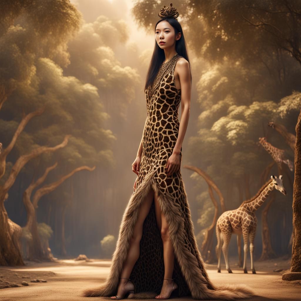 Hyperrealistic Asian Woman in Giraffe Fur Dress