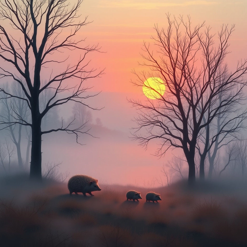 Hedgehog Family in Misty Autumn Landscape, Detailed Matte Pa...