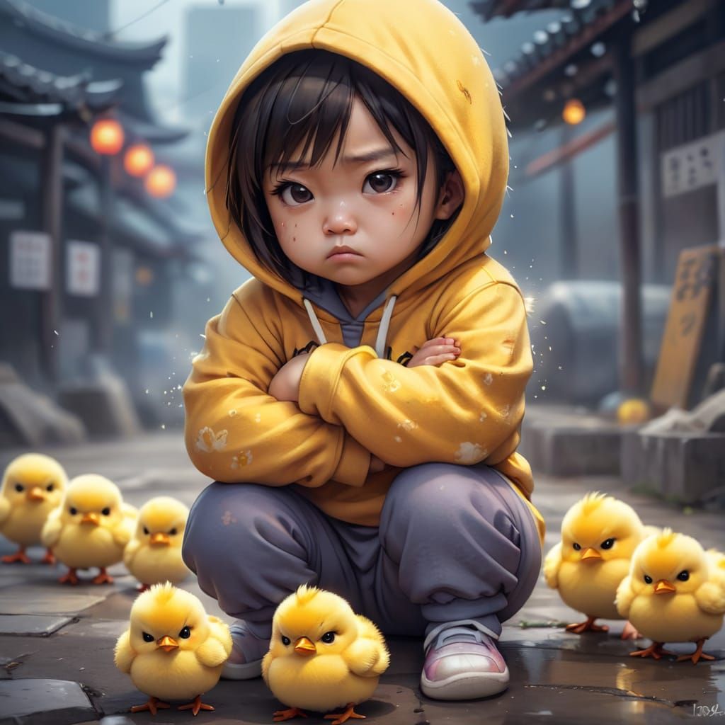 Angry Toddler in Chick Costume: Digital Chibi Painting