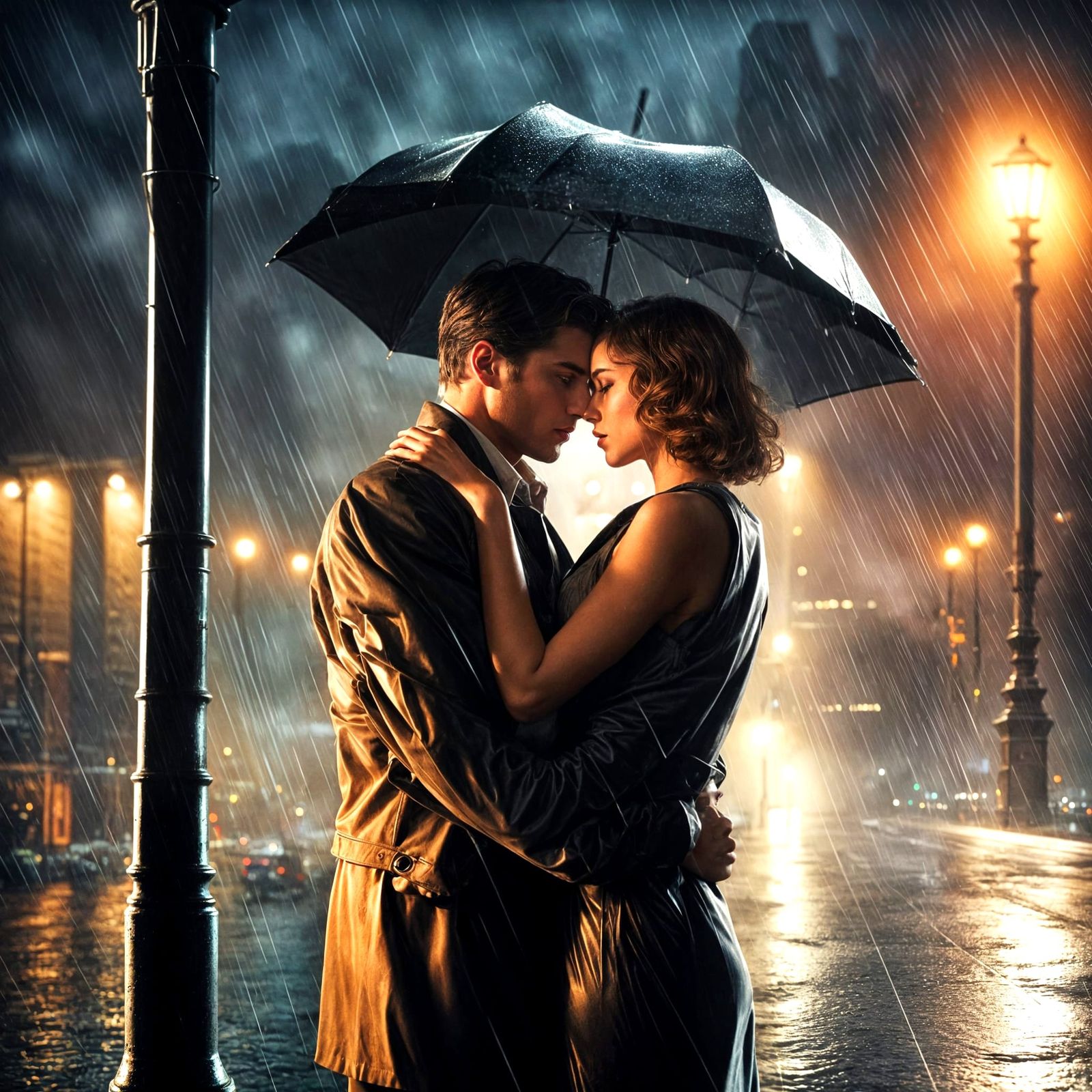 Romantic Film Noir Embrace on Rainy Night