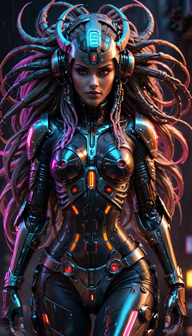 Glowing Cyberpunk Pirate Goddess in Rainy Cityscape