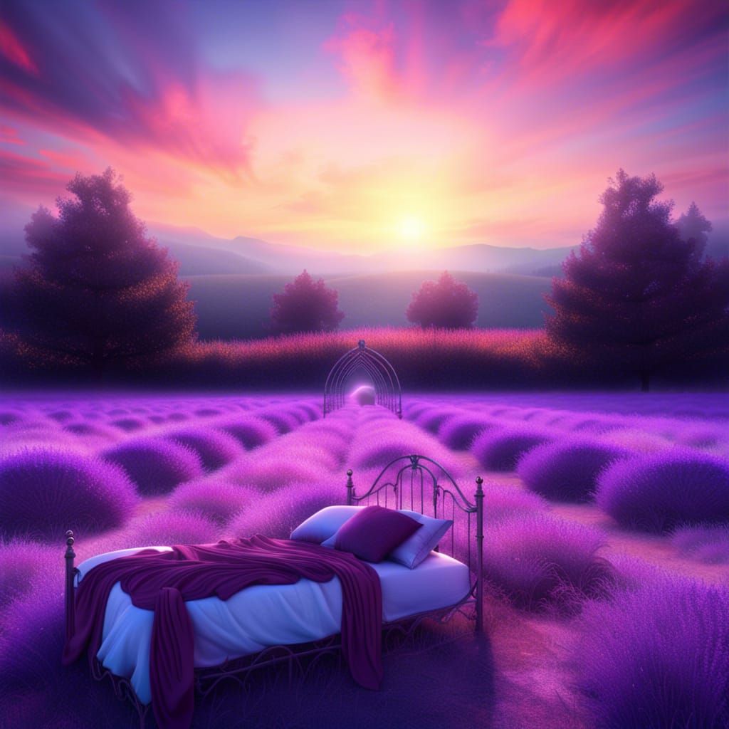 Dreamy Gothic Bed in Lavender Field, Surreal Landscape