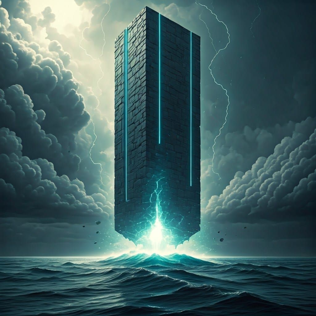 Epic Monolith Over Ocean, Cinematic Still