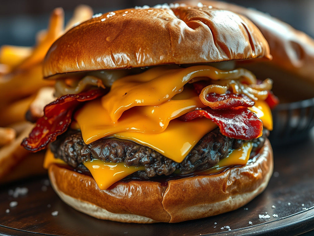 Hyperrealistic Bacon Cheeseburger with Fries in 64K