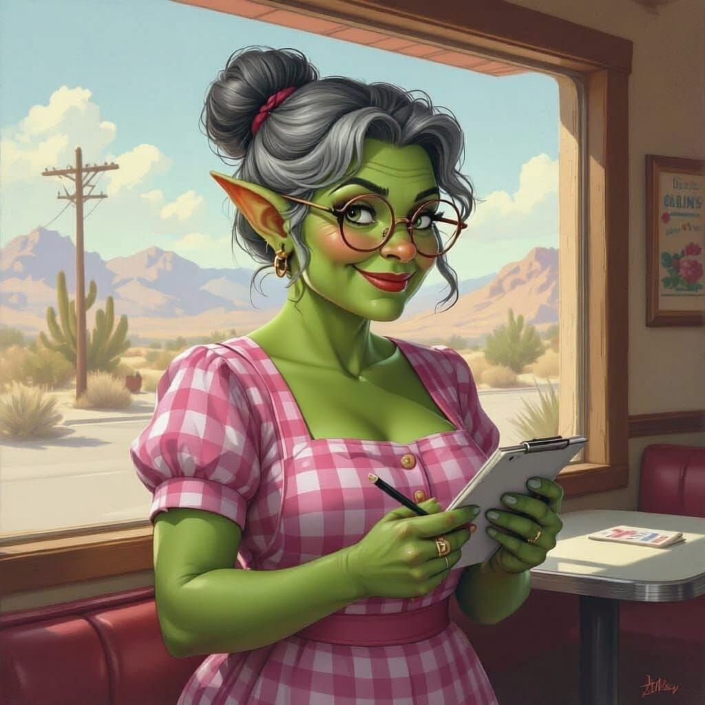 Goblin Waitress in Cozy Diner, California Desert View