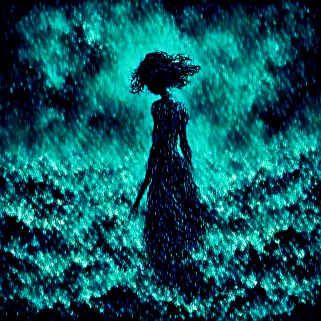 Sad Woman in Blue Monochrome Impasto Ocean Painting