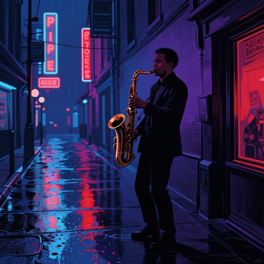 Moody Saxophonist in Neon Rain: Stylized Graphic Art