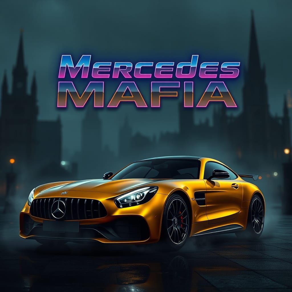 Golden Mercedes AMG in Cyberpunk Dystopian Cityscape