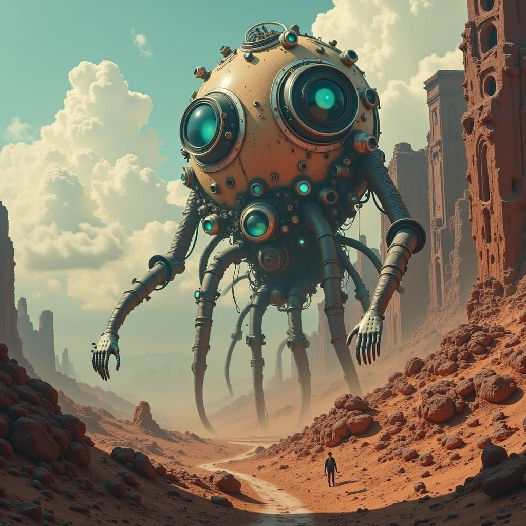 Dystopian Robot Synthesizer Landscape in Cyberpunk Style