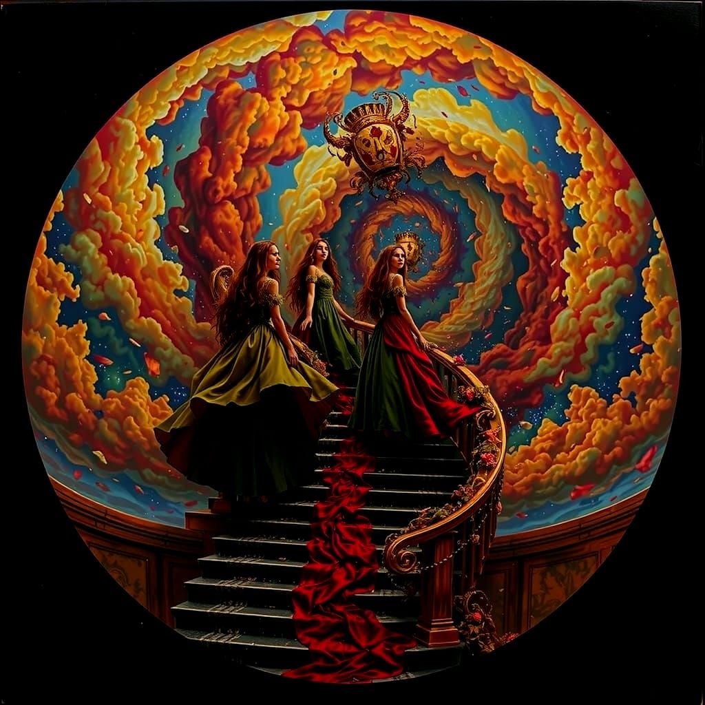 Three Sisters on Celestial Staircase in Billowing Gowns