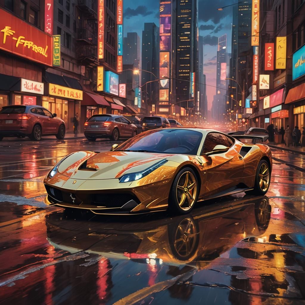 Golden Ferrari Races Through Neon Cityscape