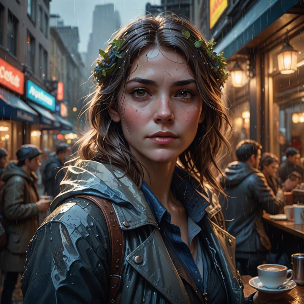 Cozy Cafe Scene in Rain: Photorealistic Cityscape