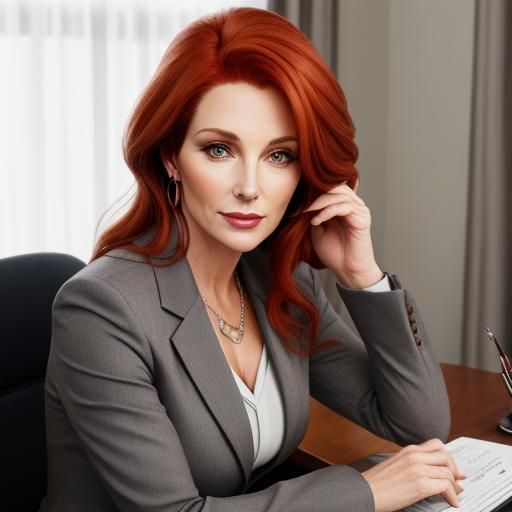 Attractive Woman with Red Hair at Her Desk
