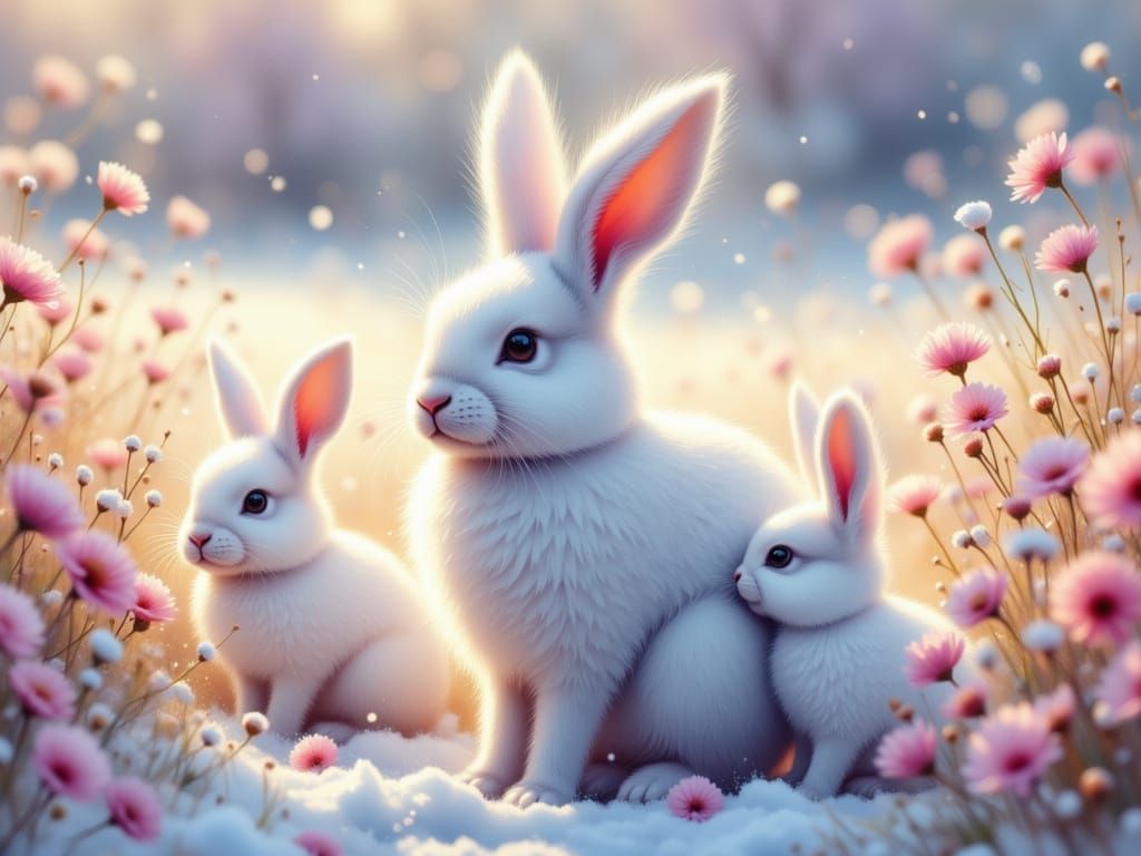 Majestic Snow Hare with Bunnies in Enchanted Meadow