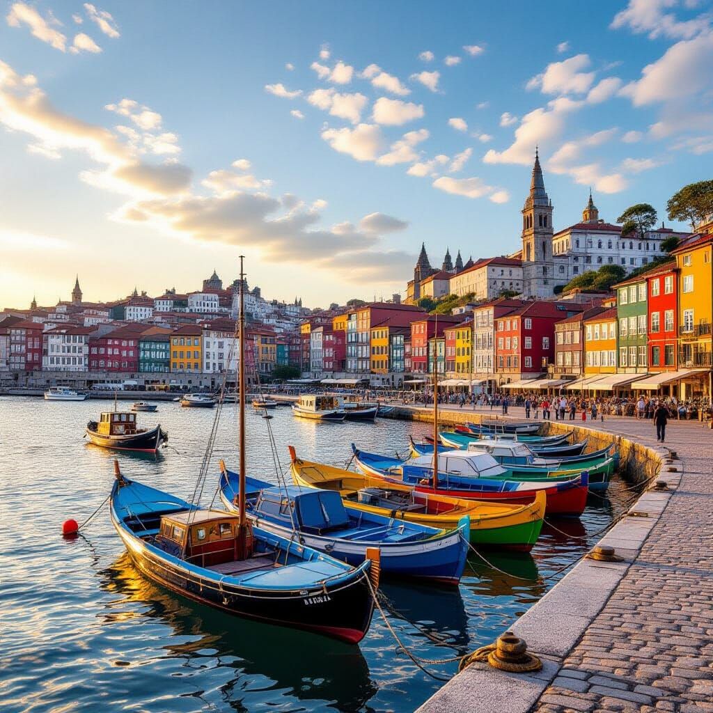 Vibrant Seaside Town with Colorful Boats