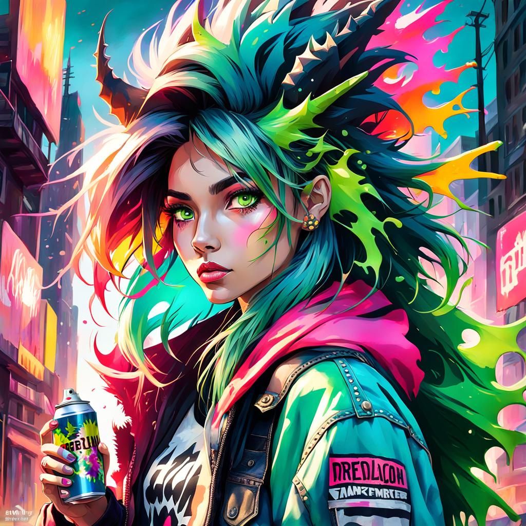 Dragon Girl in Vibrant Street Art Style
