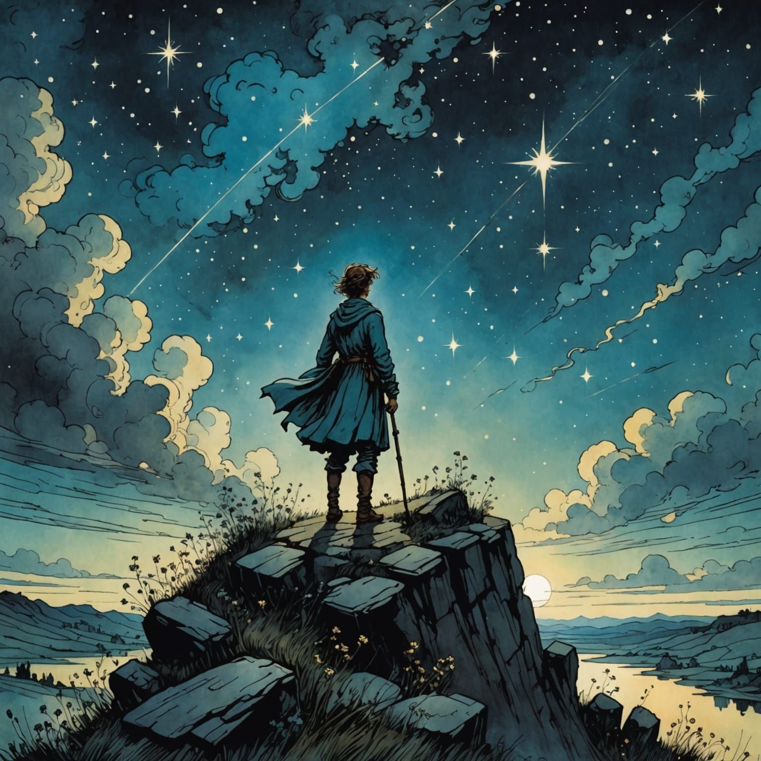 Stars in Sky: Rackham-Style Fairytale Illustration