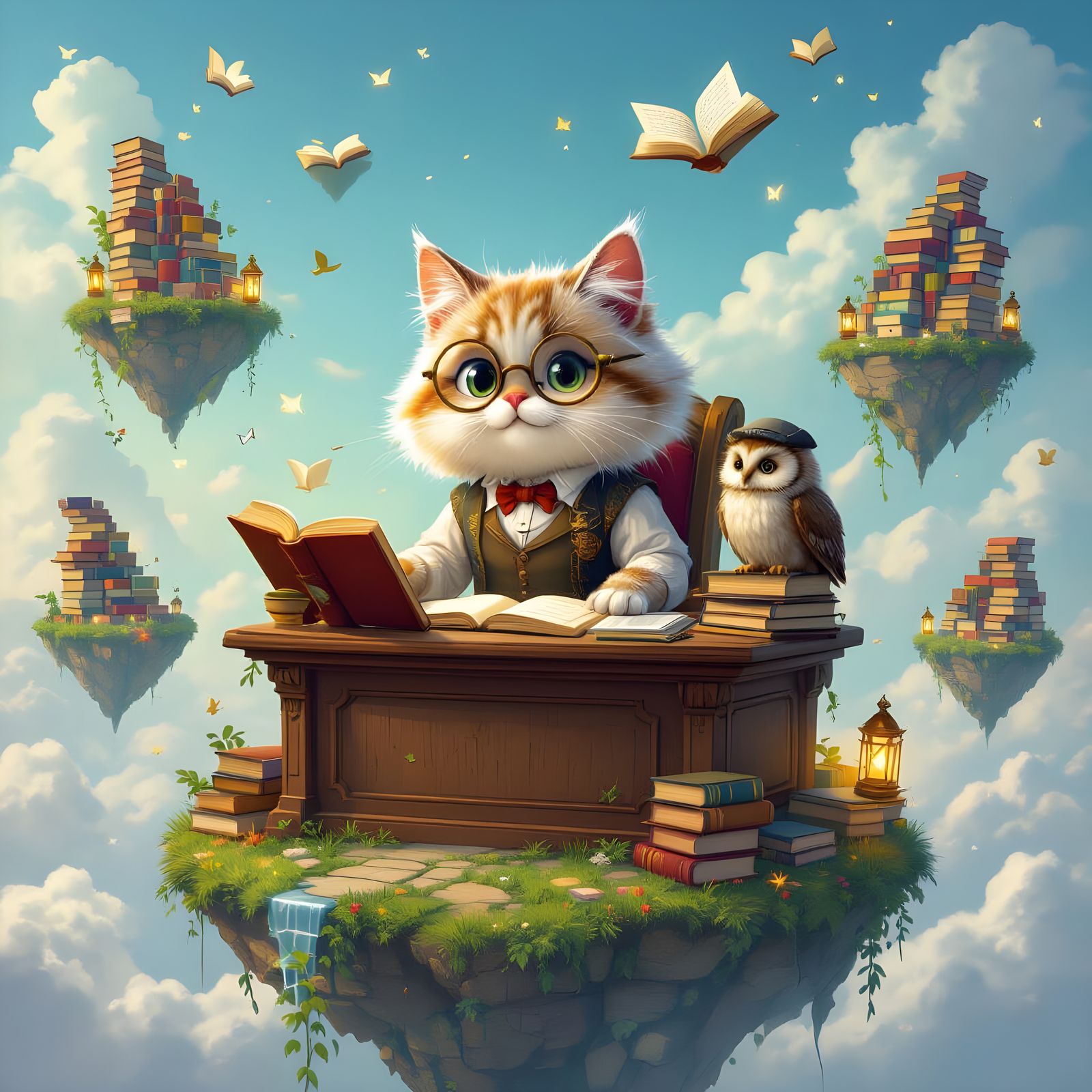 Enchanted Cat Librarian in Floating Island Library