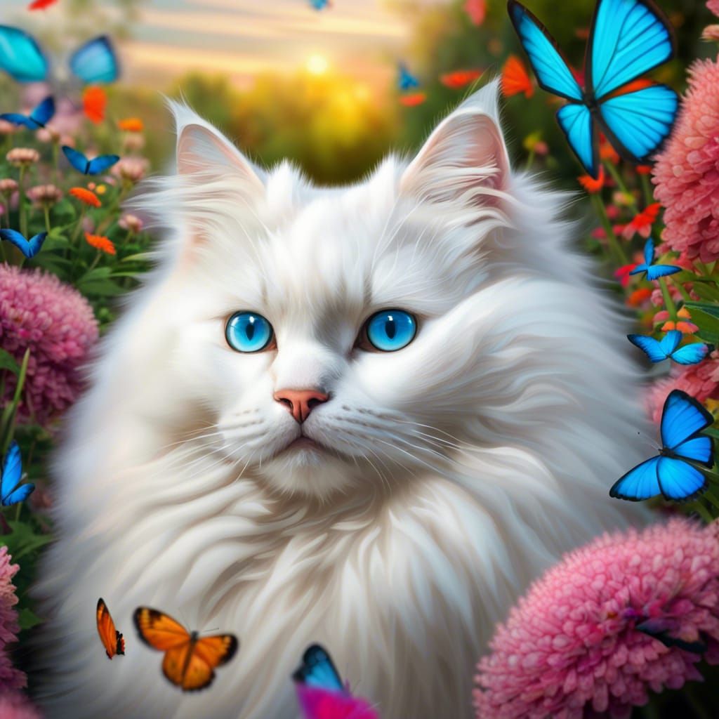 Fluffy White Cat in Flower Garden: Hyperrealistic Image