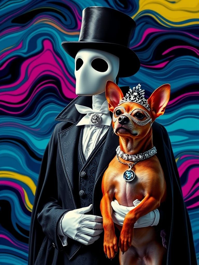 Elegant Phantom Figure with Colorful Canine Companion in Pop...