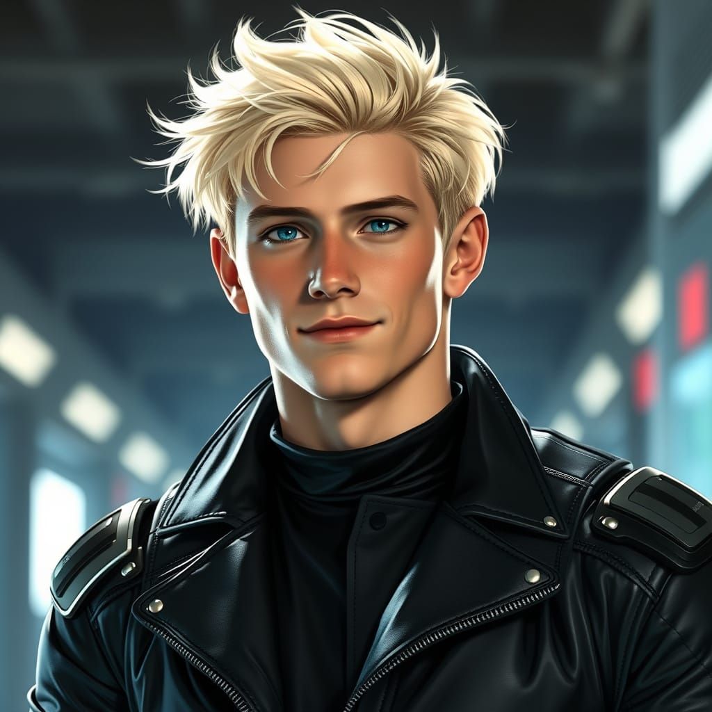 Tall Young Hero in Futuristic Black Leather