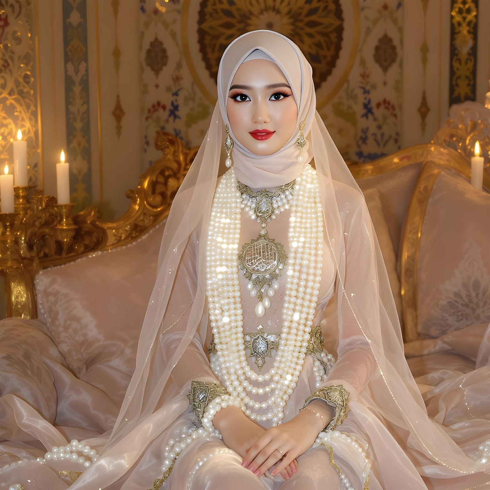 Asian Woman with Pearl Body Chain in Art Nouveau Style