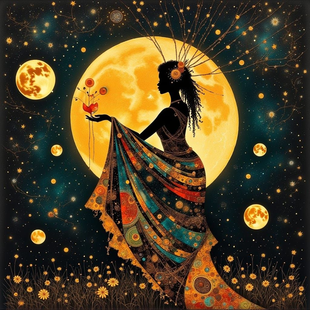 African Goddess in Klimt-Inspired Kintsugi Moonlight