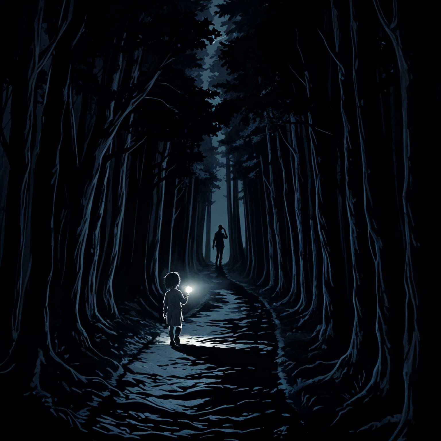 Mysterious Figure in Dark Forest, Seinen Manga Style