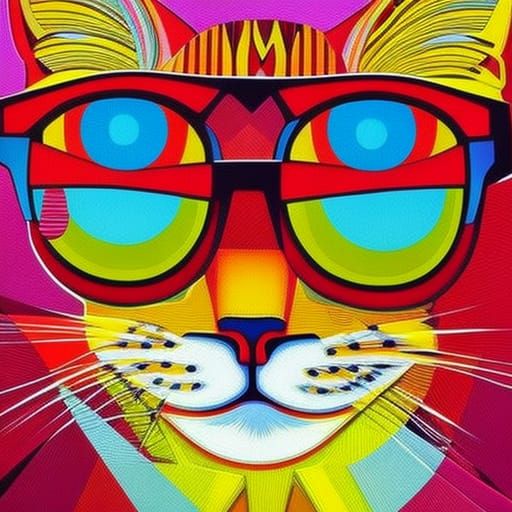 "red cat with glasses" psychedelic art pop art poster art psychedelic butalism butal art cubist cubism