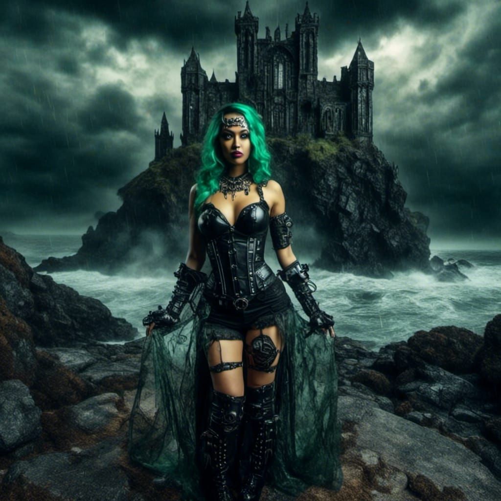 Gothic Cybernetic Woman Before Ominous Castle