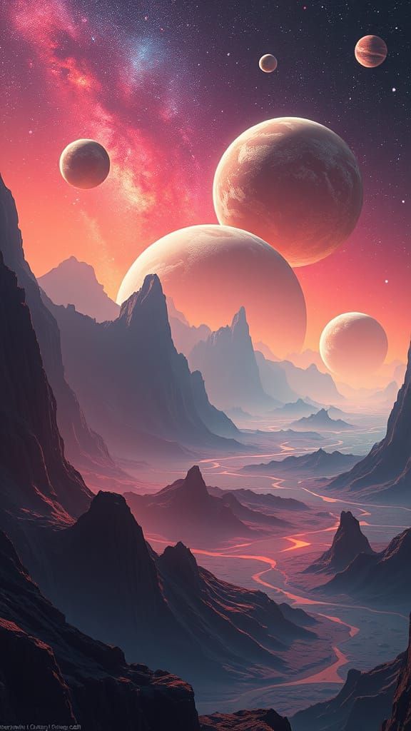 Sci-Fi Landscape with Planets in Neon-Lit Style