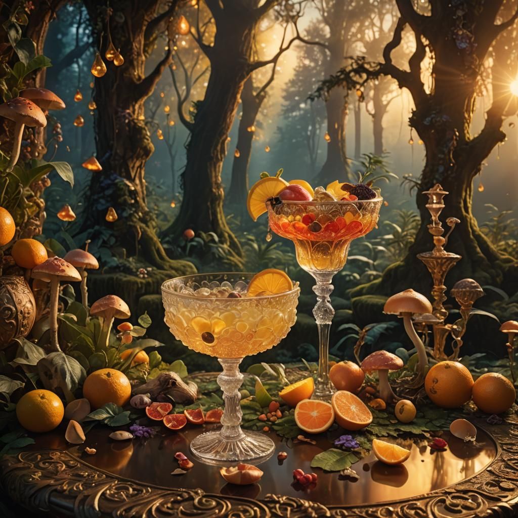 Sun Drops Cocktail in Mystical Forest, Digital Art