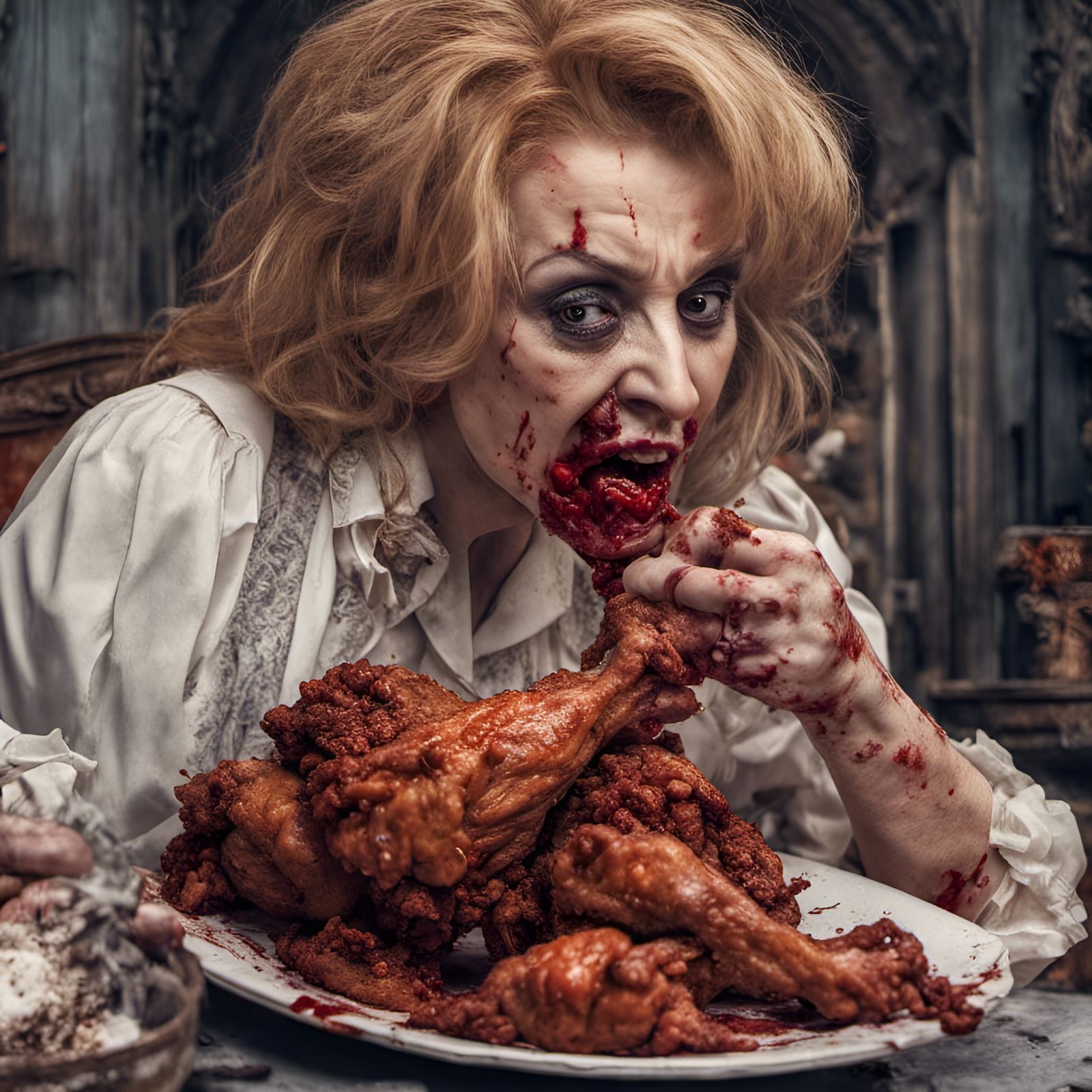 Zombie Barbara Walters eating Fried Chicken