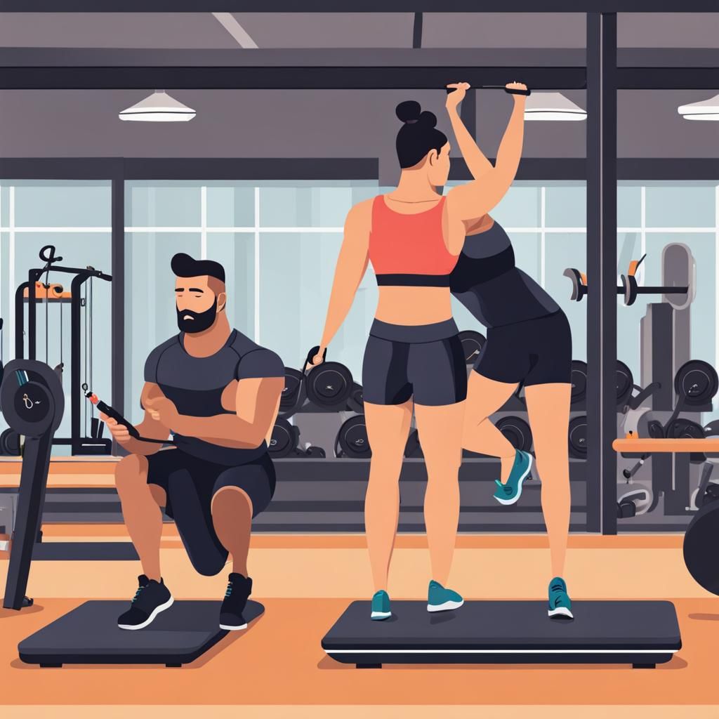 Gym Trainer Supervising Member's Exercise Routine