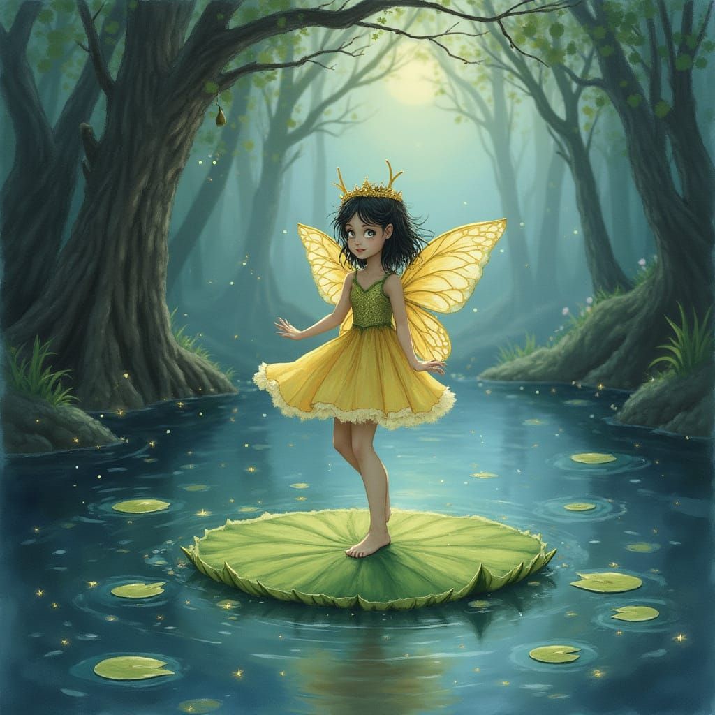 Mischievous Sprite Dancing on Lily Pad in Misty Pond