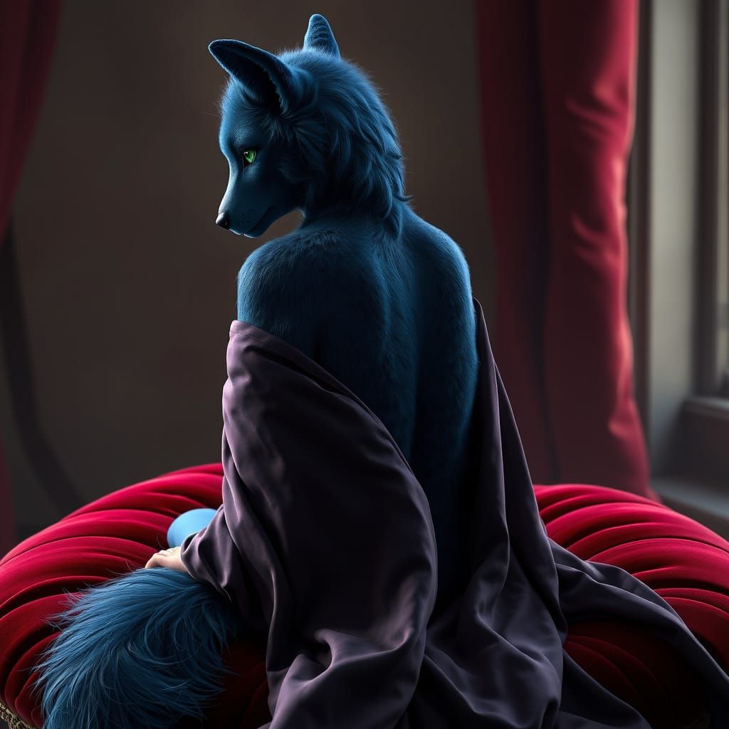 Blue Wolf Woman on Velvet Cushion in Digital Art Style