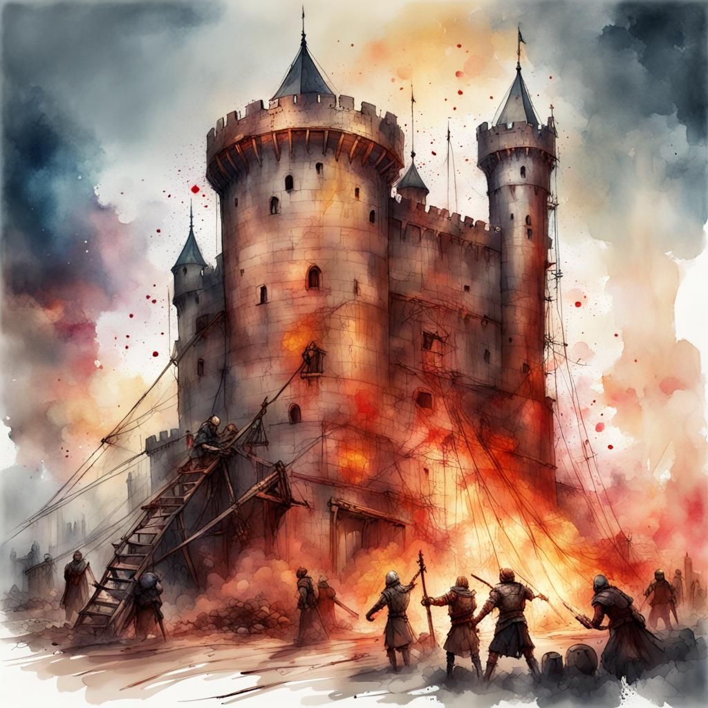 Medieval Castle Siege in Digital Watercolor Style