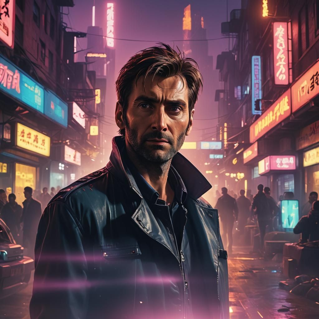 David Tennant in a Neon Cyberpunk Cityscape