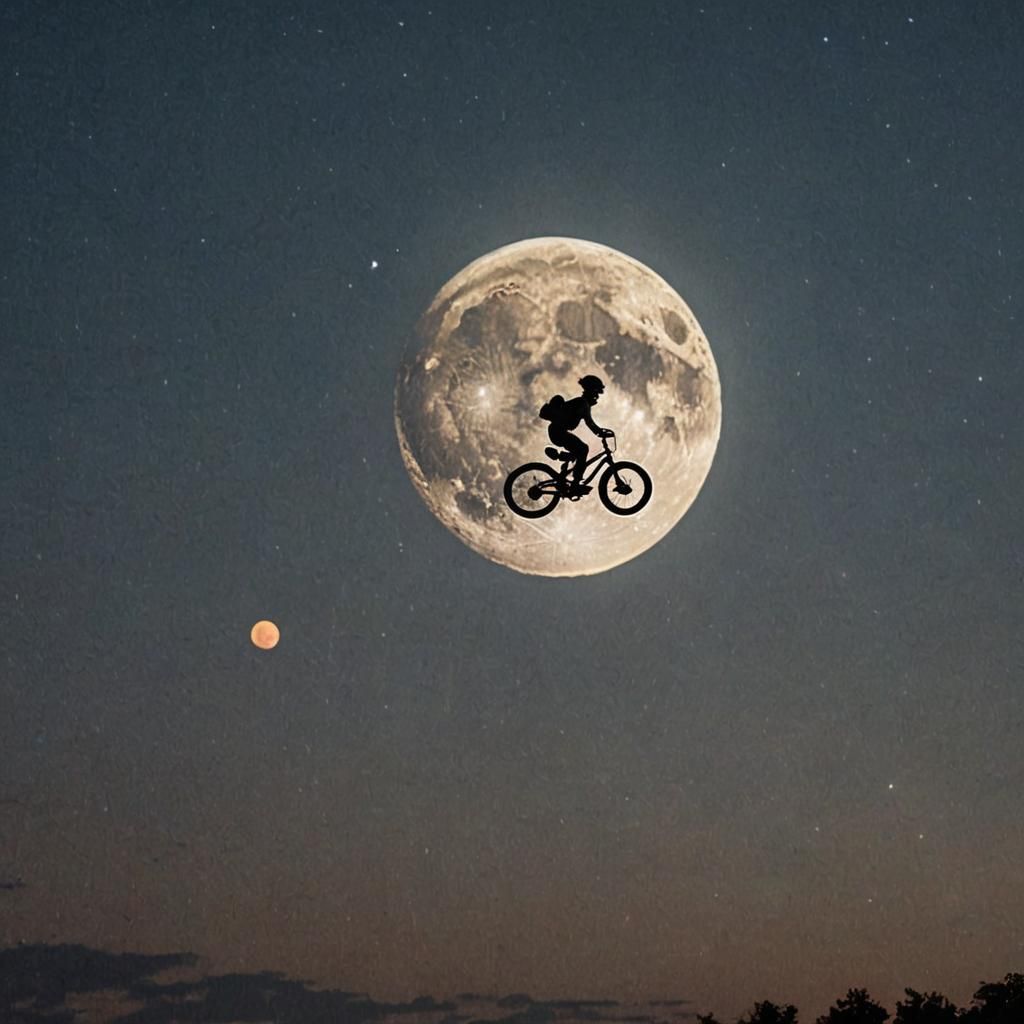 Boy Cycling Silhouetted Against Moonlit Sky