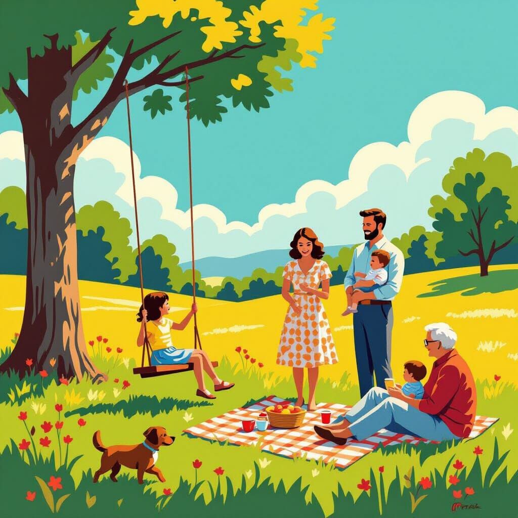 A sunlit family bonding scene inspired by David Hockney’s vi...