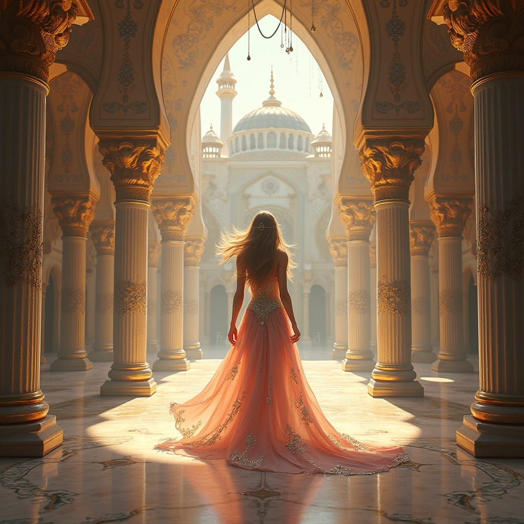 Ethereal Goddess Enters Dreamlike Palace Amidst Golden City